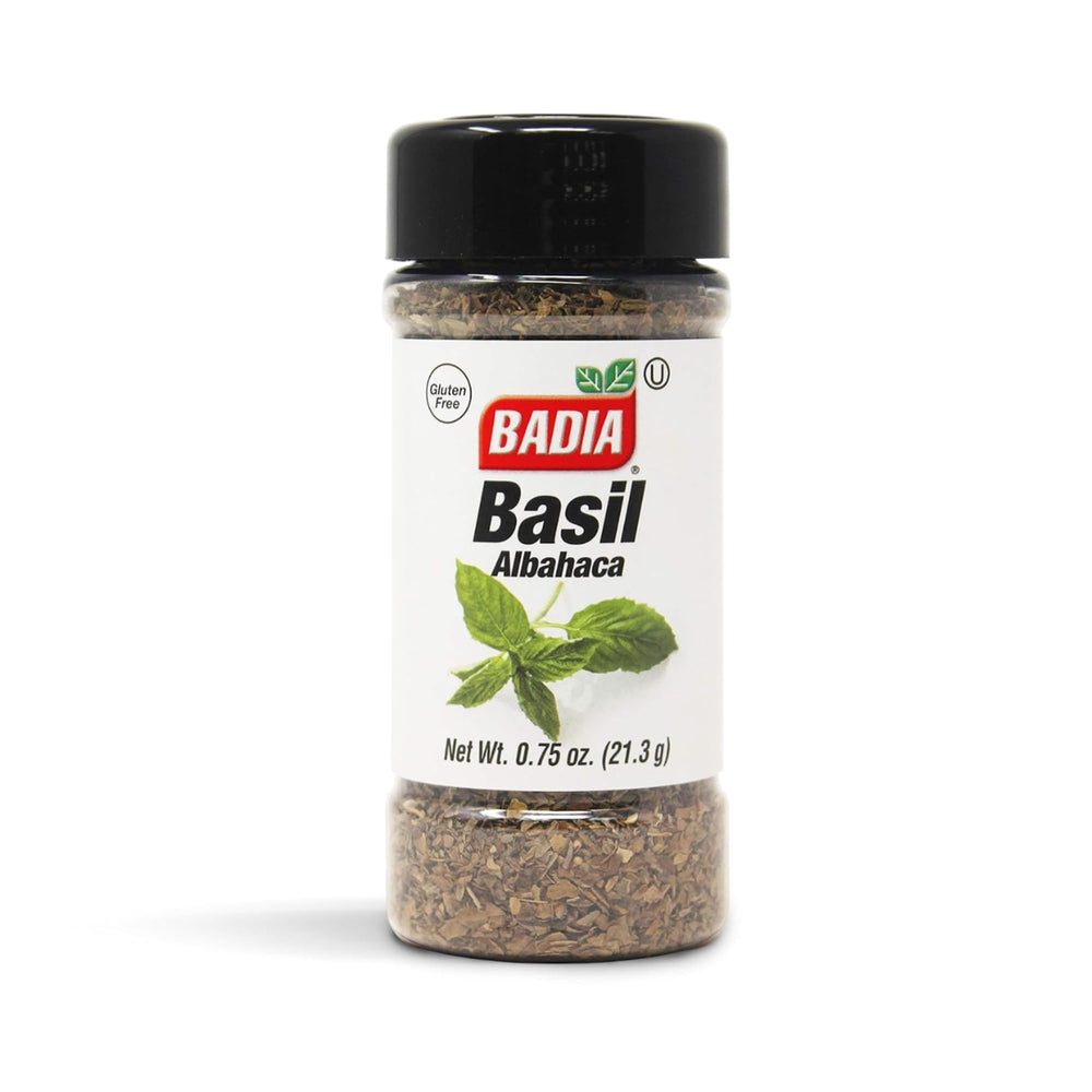 Badia Basil Leaves jar close-up, releasing fresh aroma for Italian dishes.