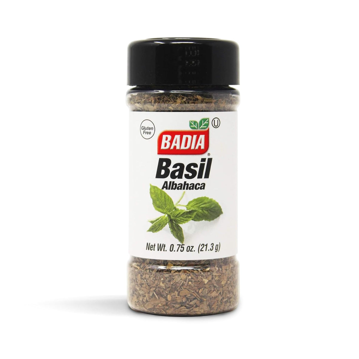 Badia Basil Leaves jar close-up, releasing fresh aroma for Italian dishes.