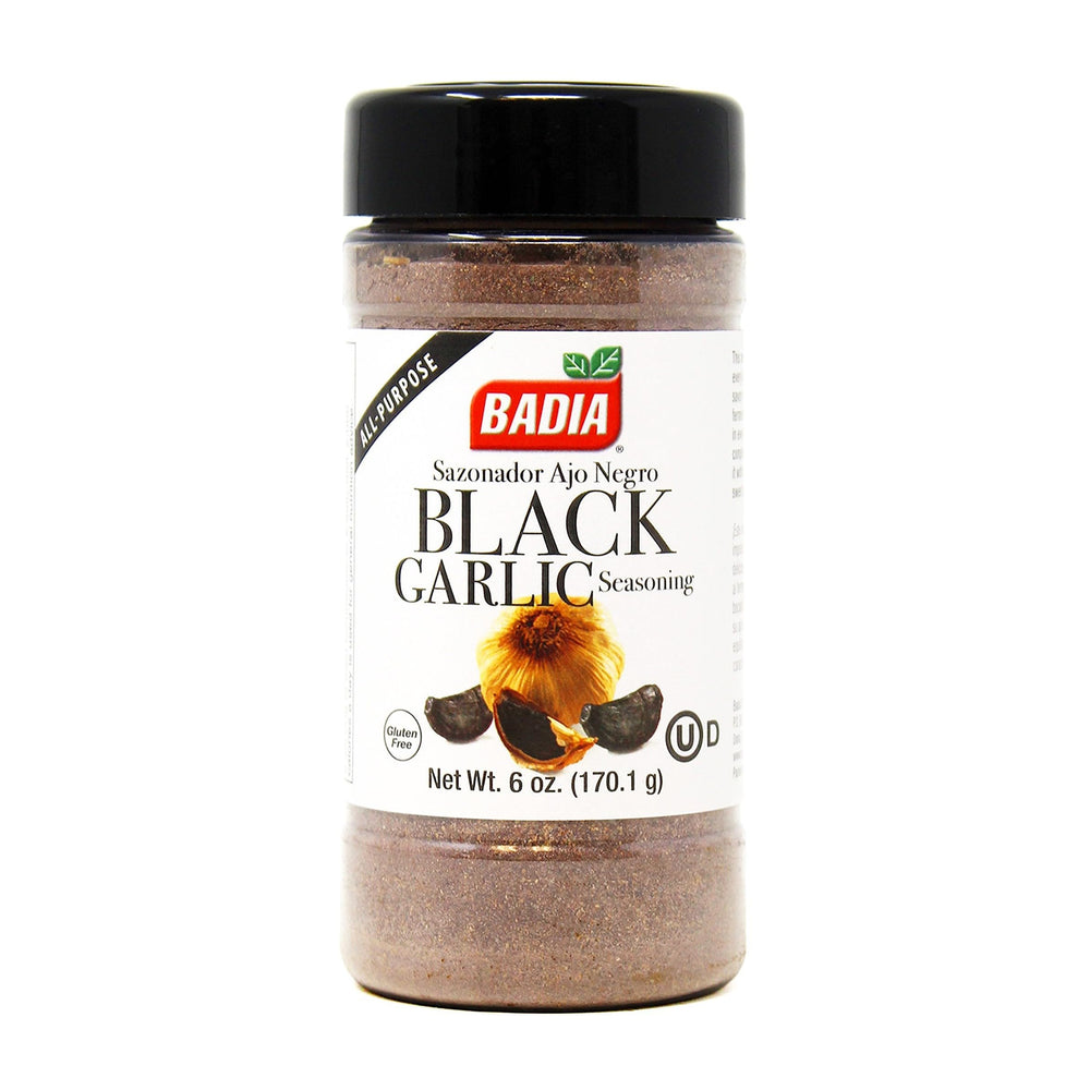 Badia Black Garlic Seasoning bottle close-up showcasing rich umami for meats