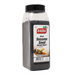 Badia black sesame seed bottle closeup, rich flavor and premium crunch for everyday cooking.