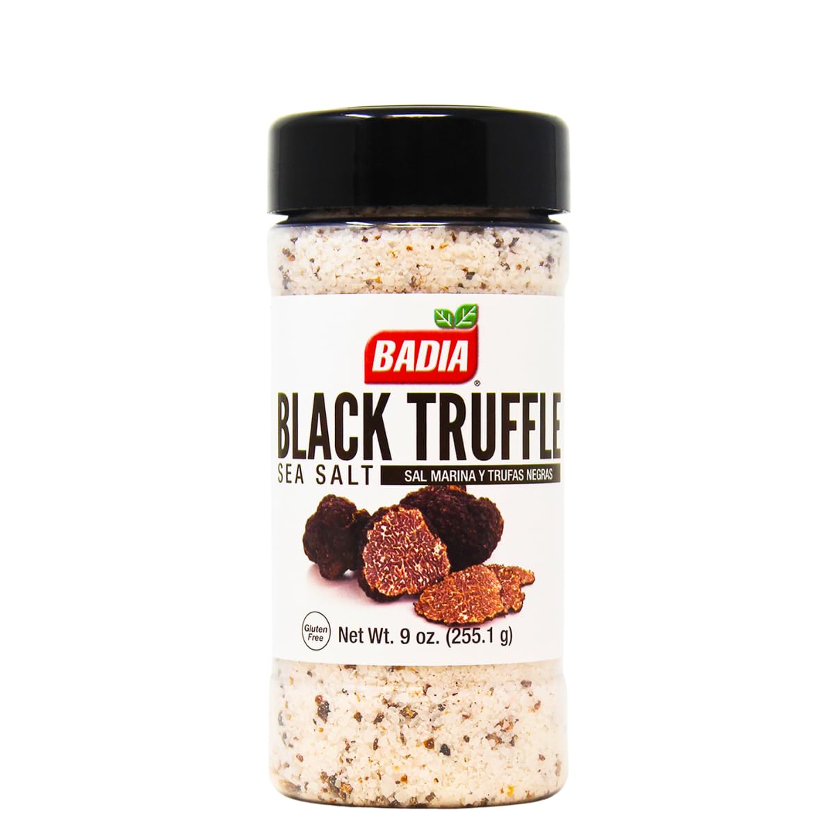 Badia black truffle sea salt bottle enhances gourmet meals with earthy aroma.