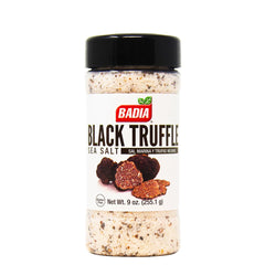 Badia black truffle sea salt bottle enhances gourmet meals with earthy aroma.