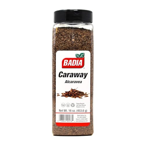 Badia caraway seeds jar close-up, ideal for soups and stews.