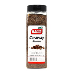 Badia caraway seeds jar close-up, ideal for soups and stews.