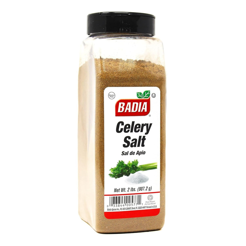 Badia Celery Salt 2lb jar pour enhances flavor with a subtle celery kick.