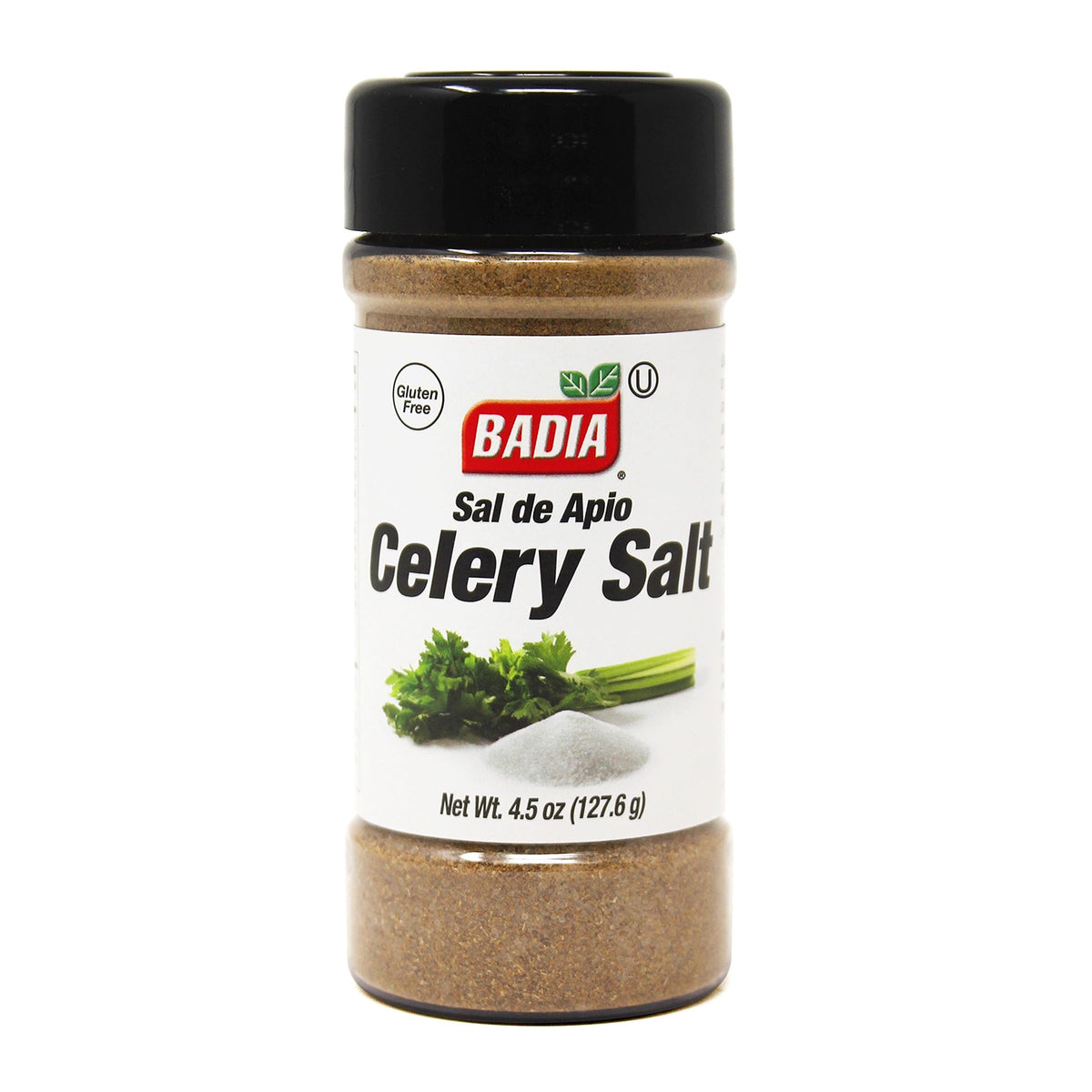 Badia celery salt bottle close-up showing balanced flavor for meats.