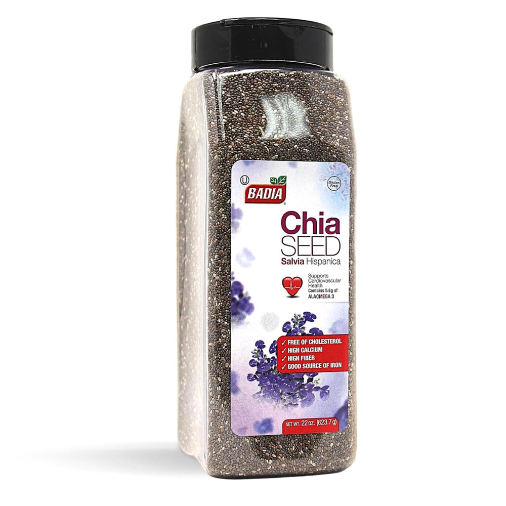 Badia Chia Seeds jar closeup showing fiber-rich seeds for everyday meals.