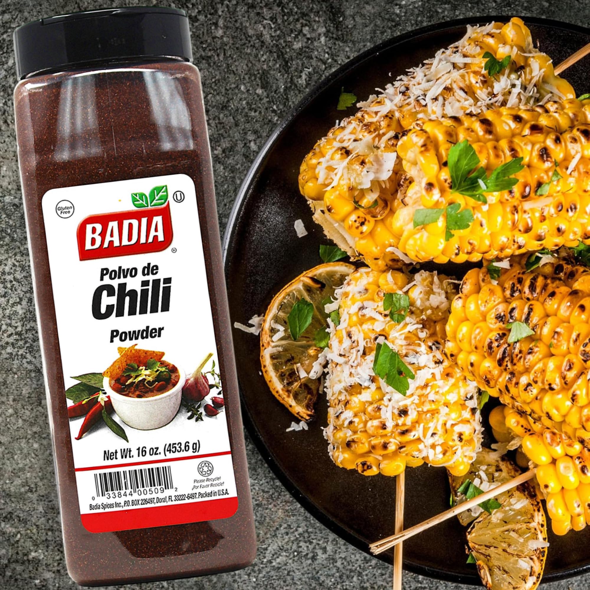 Badia Chili Powder canister seasons soups and stews for depth and color.