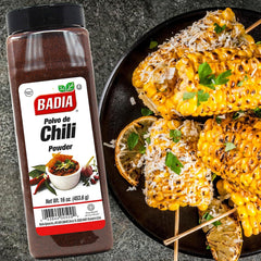 Badia Chili Powder canister seasons soups and stews for depth and color.