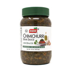 Badia Chimichurri Steak Sauce bottle being poured for grilled flavor