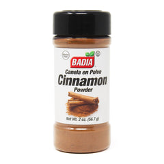 Badia Cinnamon Powder bottle close-up highlights warm aroma for baking.