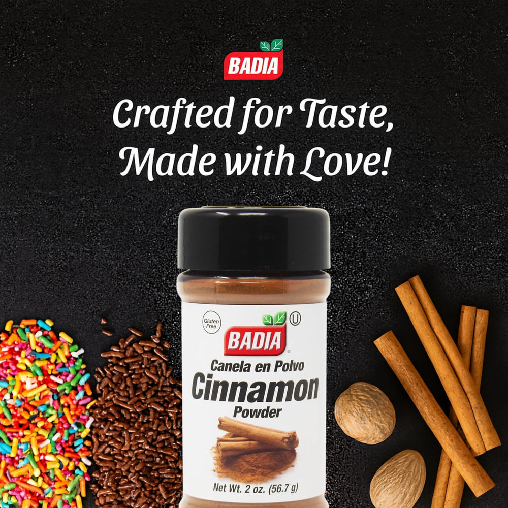 Badia Cinnamon Powder on a spoon showcases versatile use in coffee and oats.
