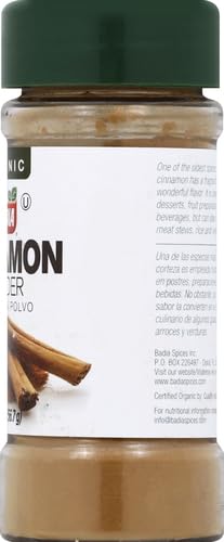 Spice shelf with Badia cinnamon powder and other essential seasonings.