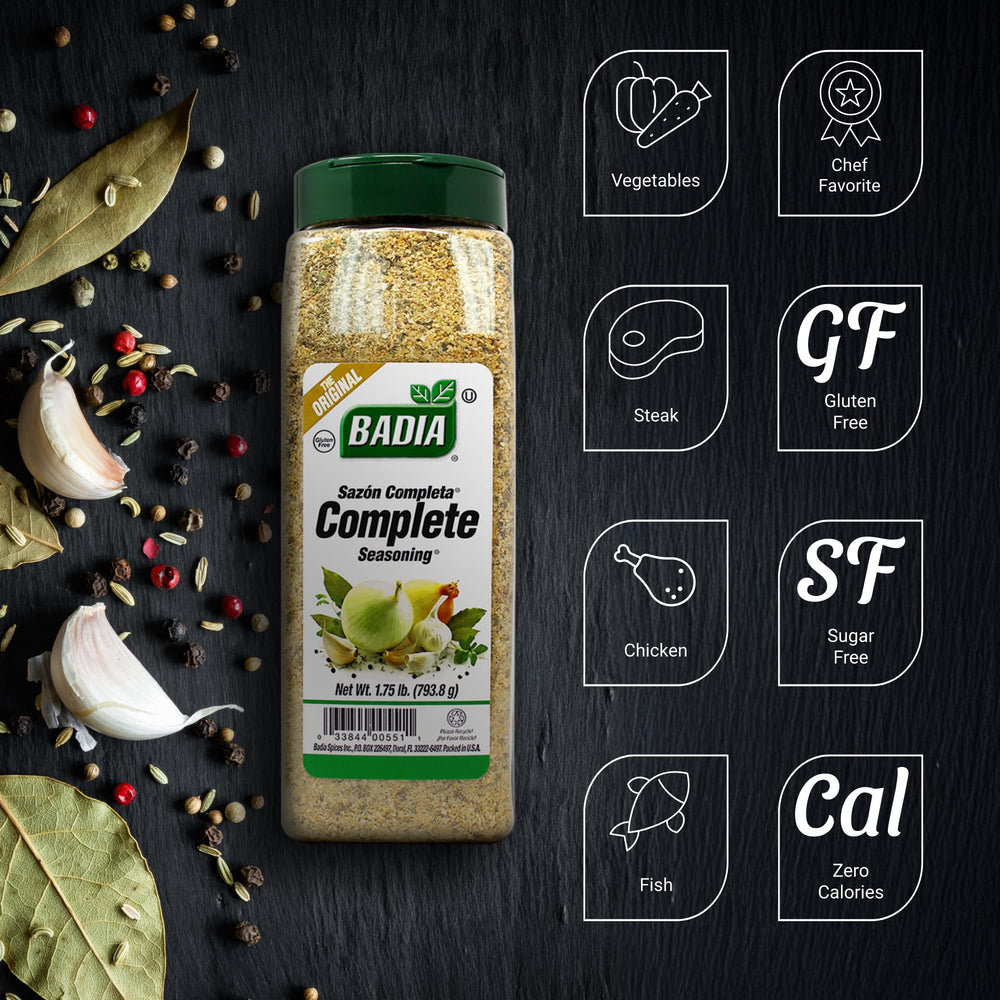 Badia Complete Seasoning label close-up showing garlic and onion notes for richer flavor
