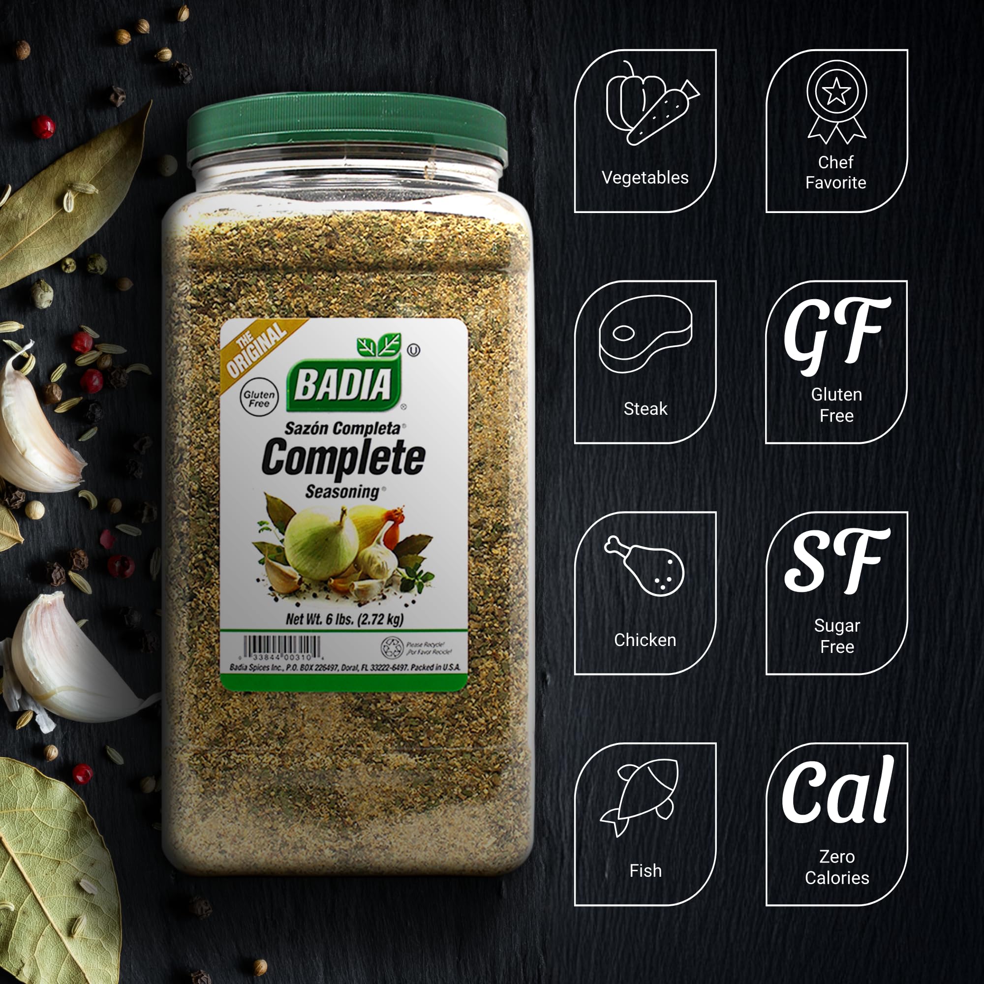 Badia Complete Seasoning 96oz packaging supports bulk cooking value for home kitchens.
