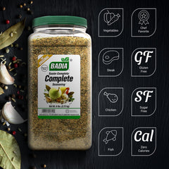 Badia Complete Seasoning 96oz packaging supports bulk cooking value for home kitchens.