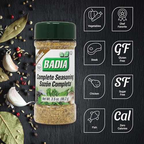 Badia Complete Seasoning jar back view, rich flavor profile for soups and sauces