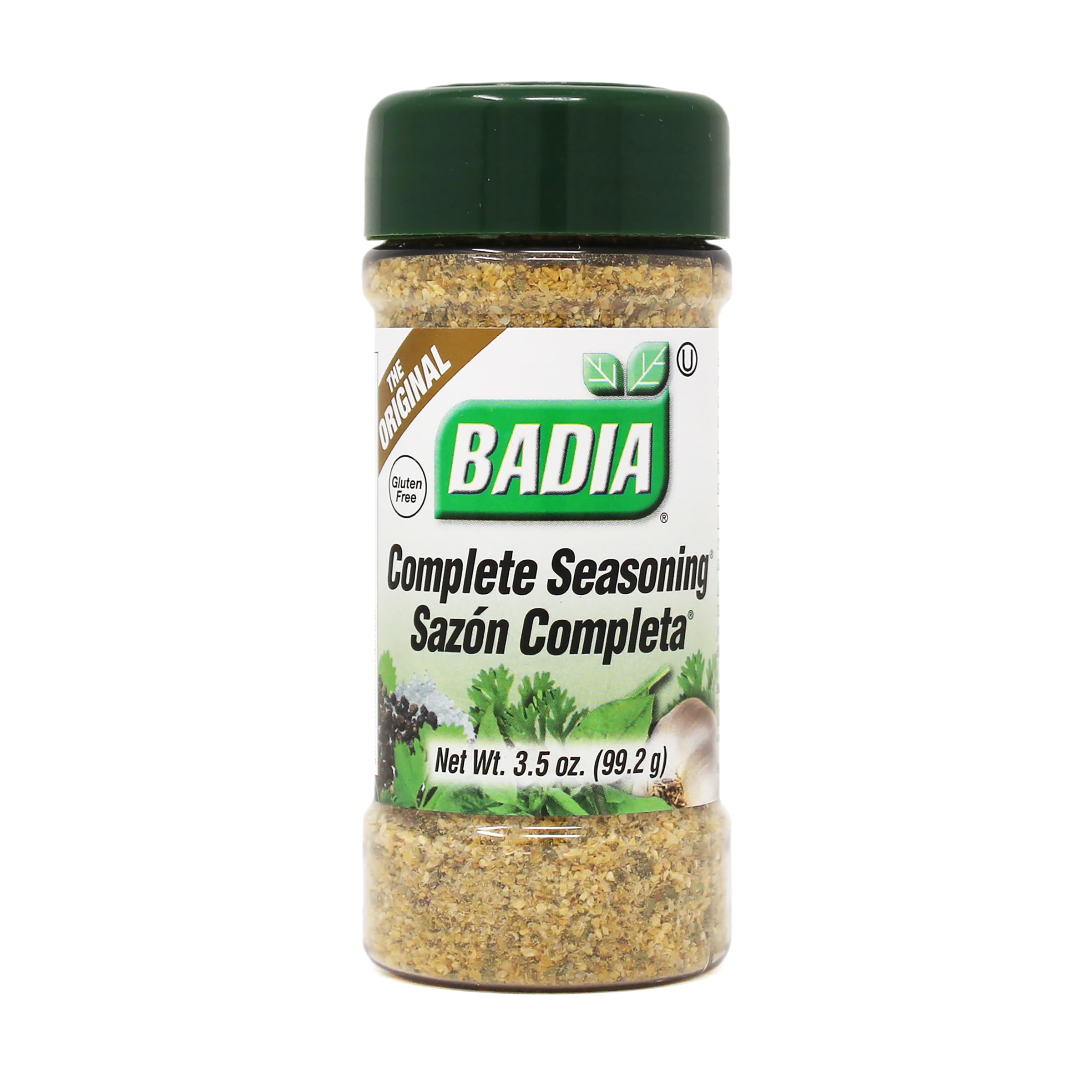 Badia Complete Seasoning jar front view, versatile blend enhances meats and vegetables