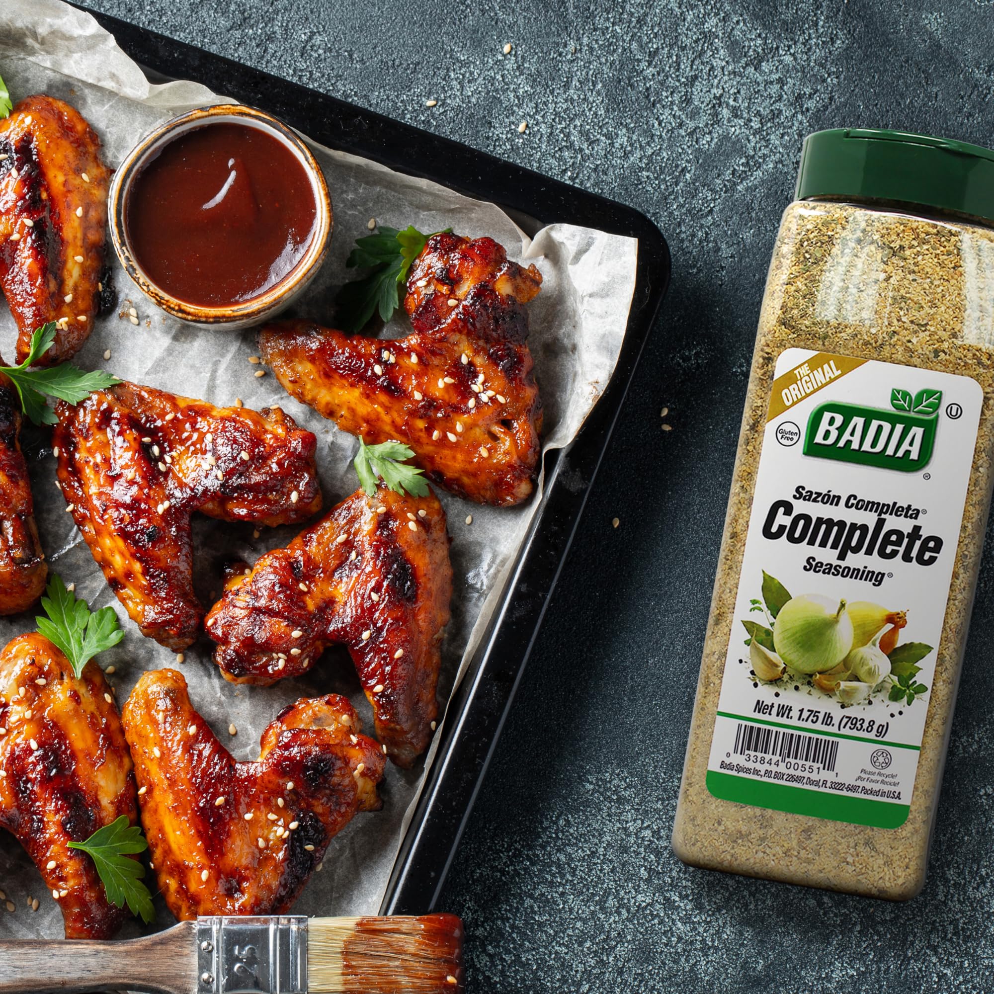 Badia Complete Seasoning on meat roast; even coating supports robust flavor