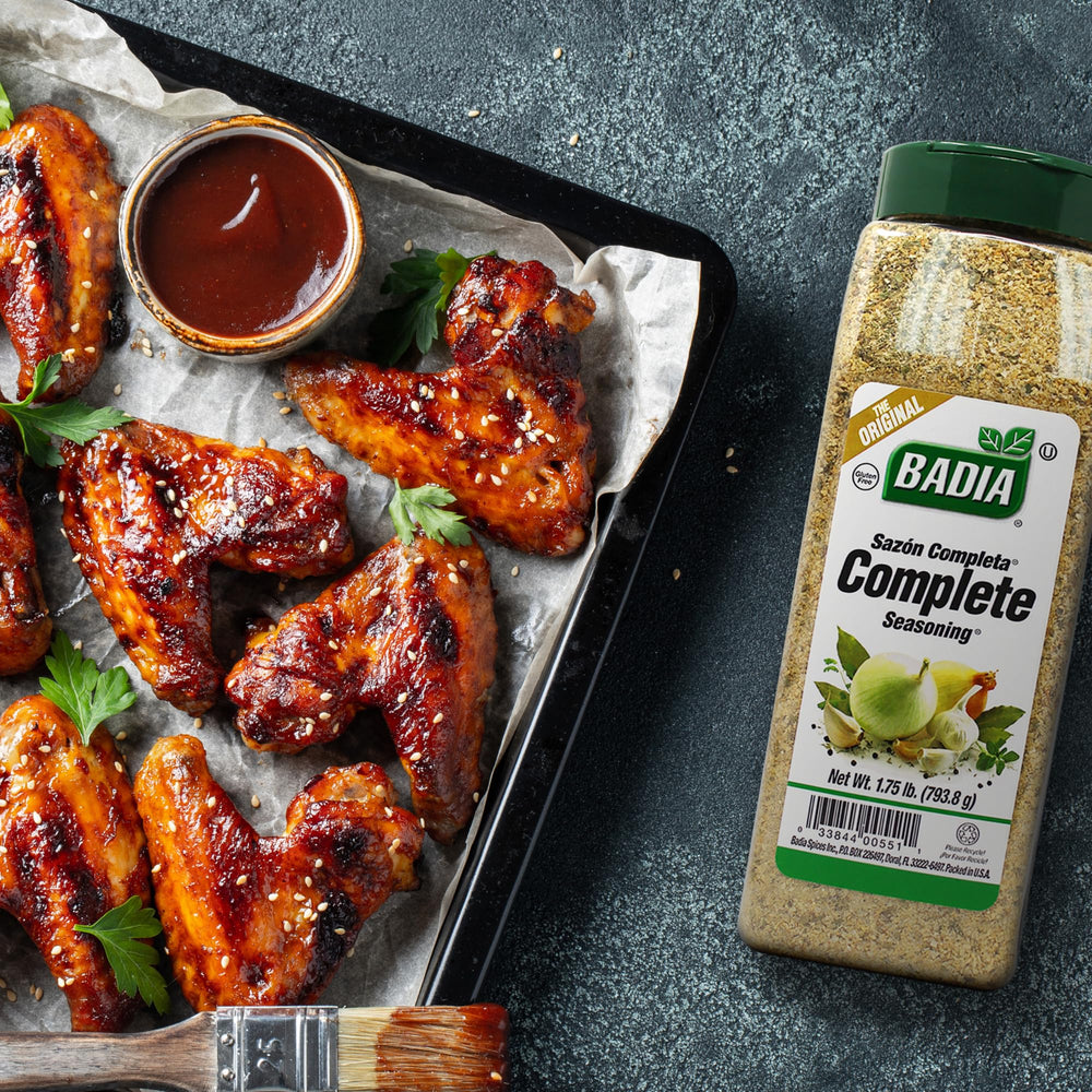 Badia Complete Seasoning on meat roast; even coating supports robust flavor