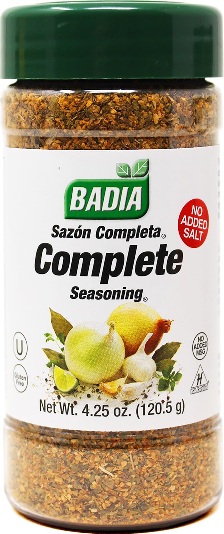 Badia Complete Seasoning Salt-Free bottle for versatile meat and vegetable flavoring.