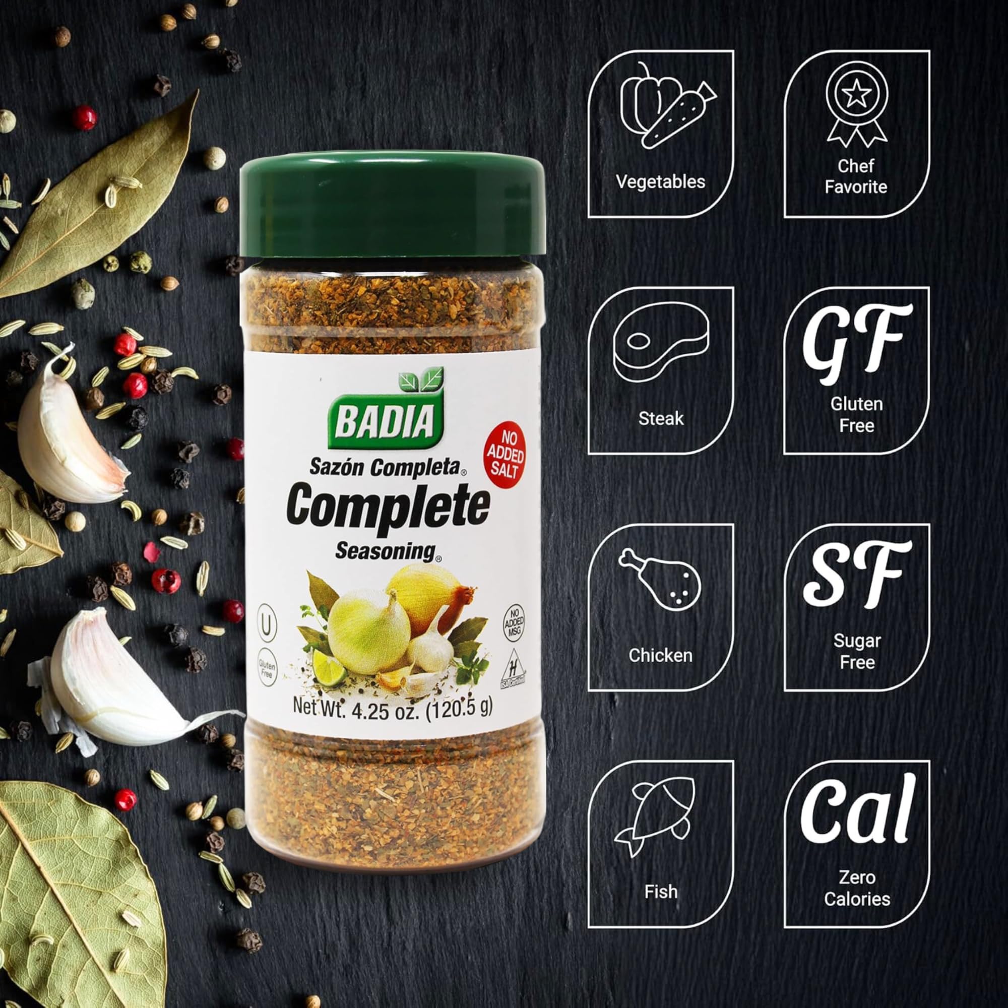 Badia Complete Seasoning Salt-Free label highlighting sodium-free herbal blend.