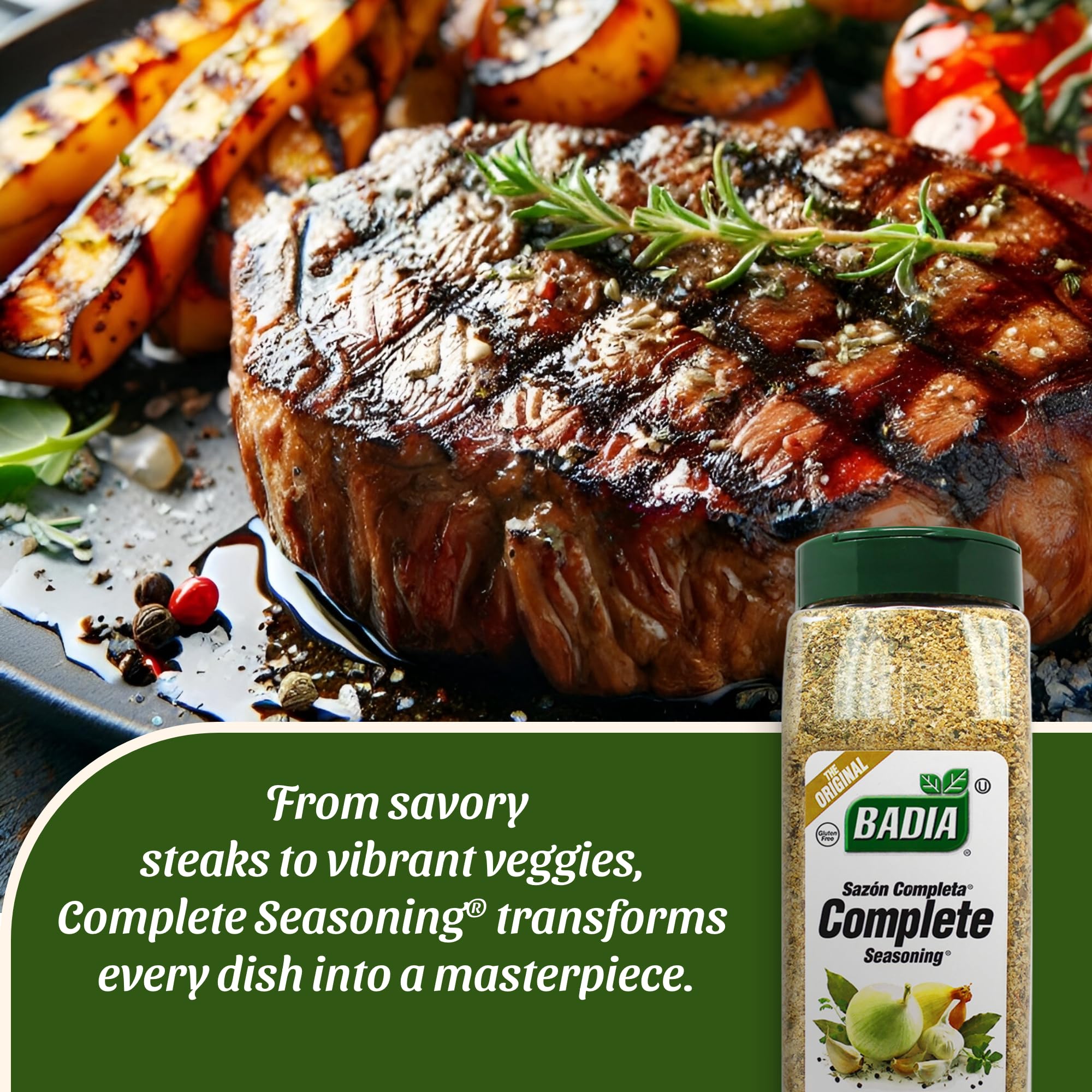 Badia Complete Seasoning shaker dispensing flavor over roasted vegetables