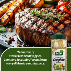 Badia Complete Seasoning shaker dispensing flavor over roasted vegetables