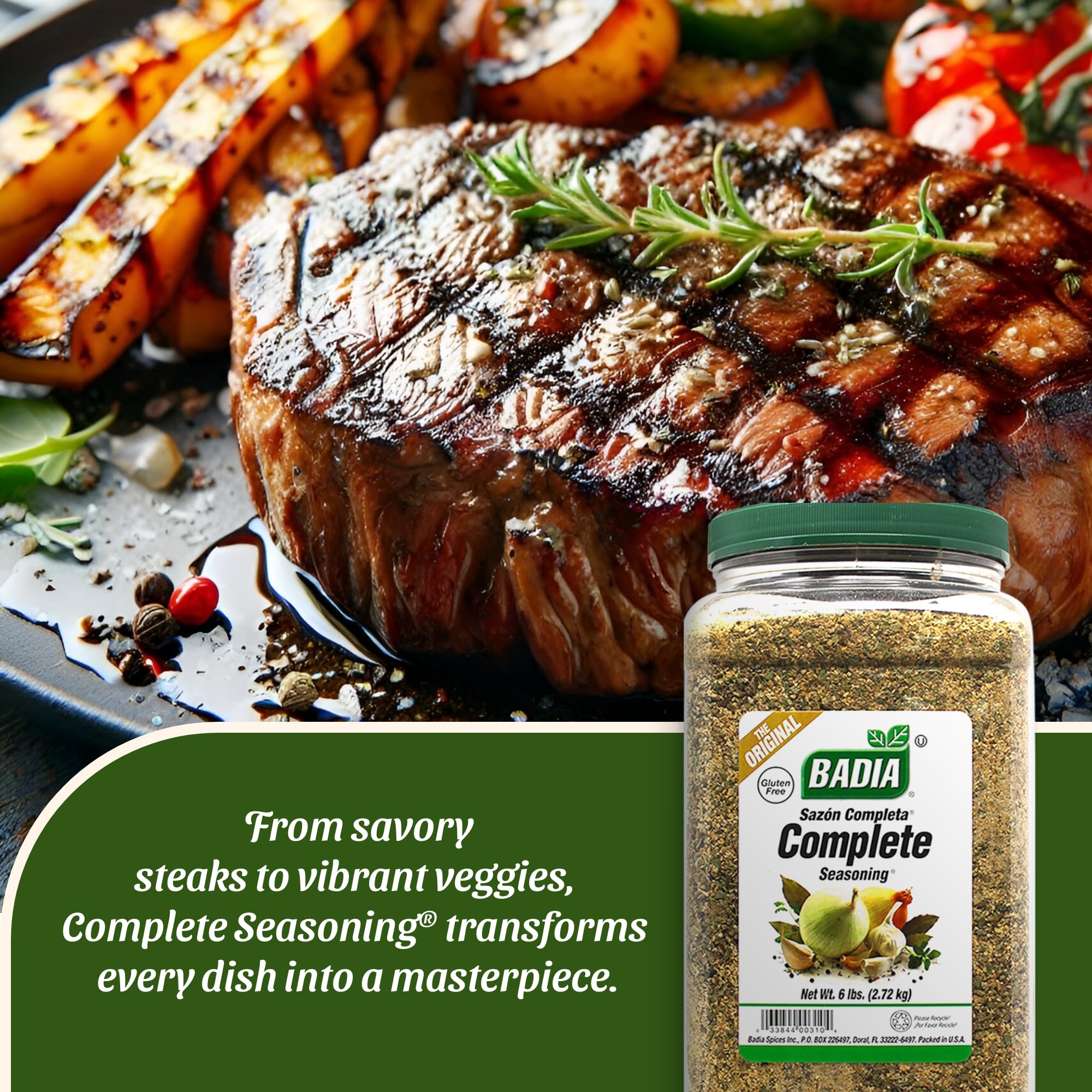 Badia Complete Seasoning spice blend bowl shows rich garlic and herb depth.