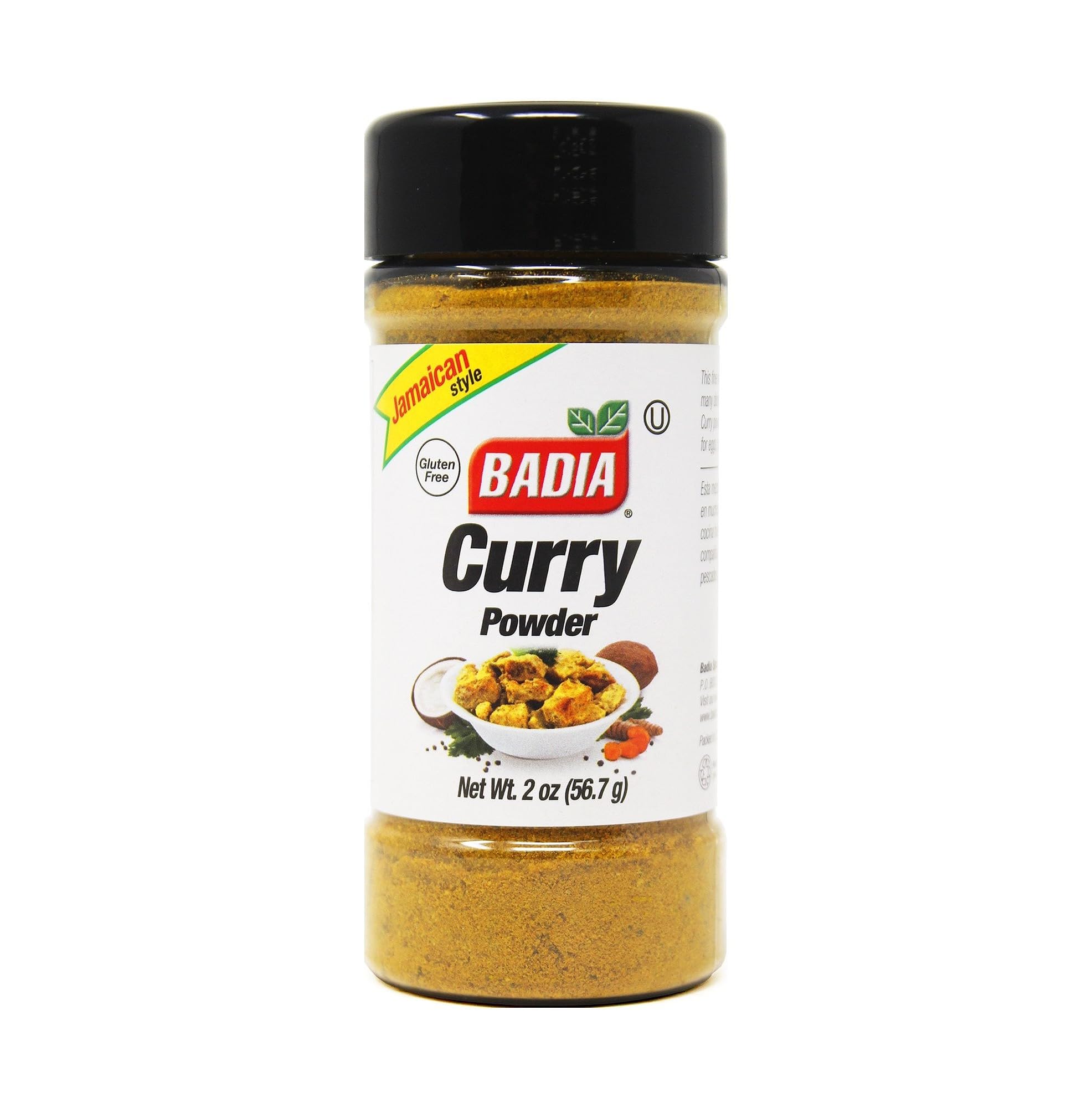 Badia Curry Powder container showing mild, aromatic blend for curries and pilafs.