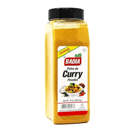 Badia curry powder label close-up, premium spice blend for quick, flavorful curries.