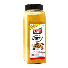 Badia curry powder label close-up, premium spice blend for quick, flavorful curries.