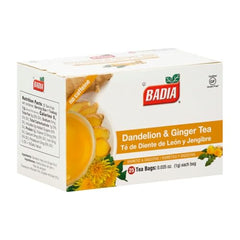 Badia Dandelion and Ginger Tea bags, convenient caffeine-free infusion for digestion after meals.