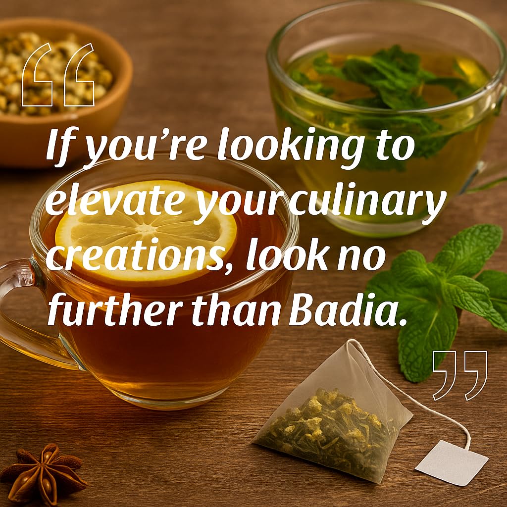 Badia Dandelion and Ginger Tea ingredients close-up featuring dandelion root and ginger slices.