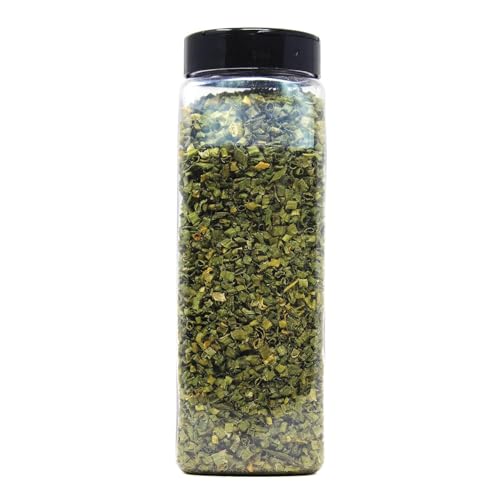 Badia Dried Chives closeup texture; vibrant color and aroma.