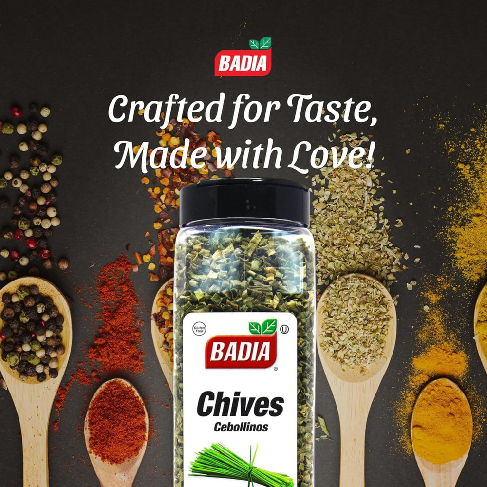 Badia Dried Chives pouring scene; easy sprinkle on salads.