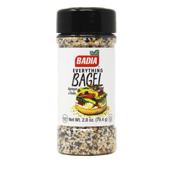 Badia Everything Bagel Seasoning jar front, savory blend ready to add crunch
