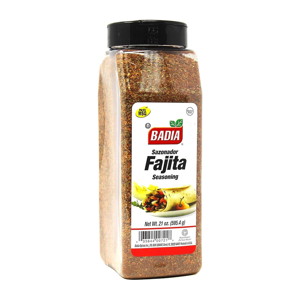 Badia Fajita Seasoning bottle front view adds smoky Tex-Mex flavor to fajitas.