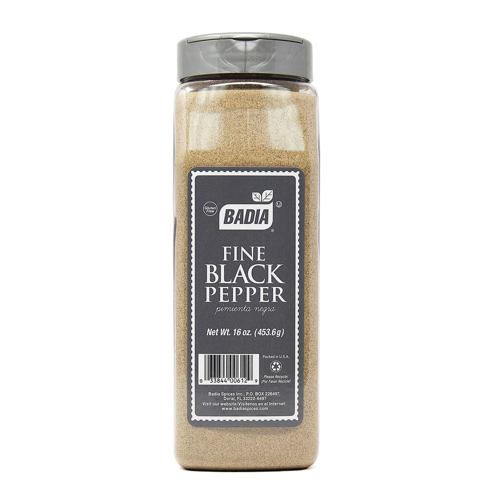 Badia fine ground black pepper jar releases fresh aroma for seasoning.