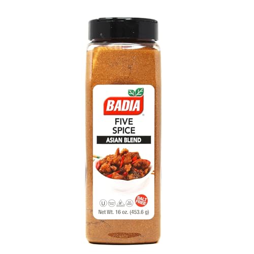 Badia Five Spice dried powder mix emphasizes sweet and savory balance for meats and vegetables