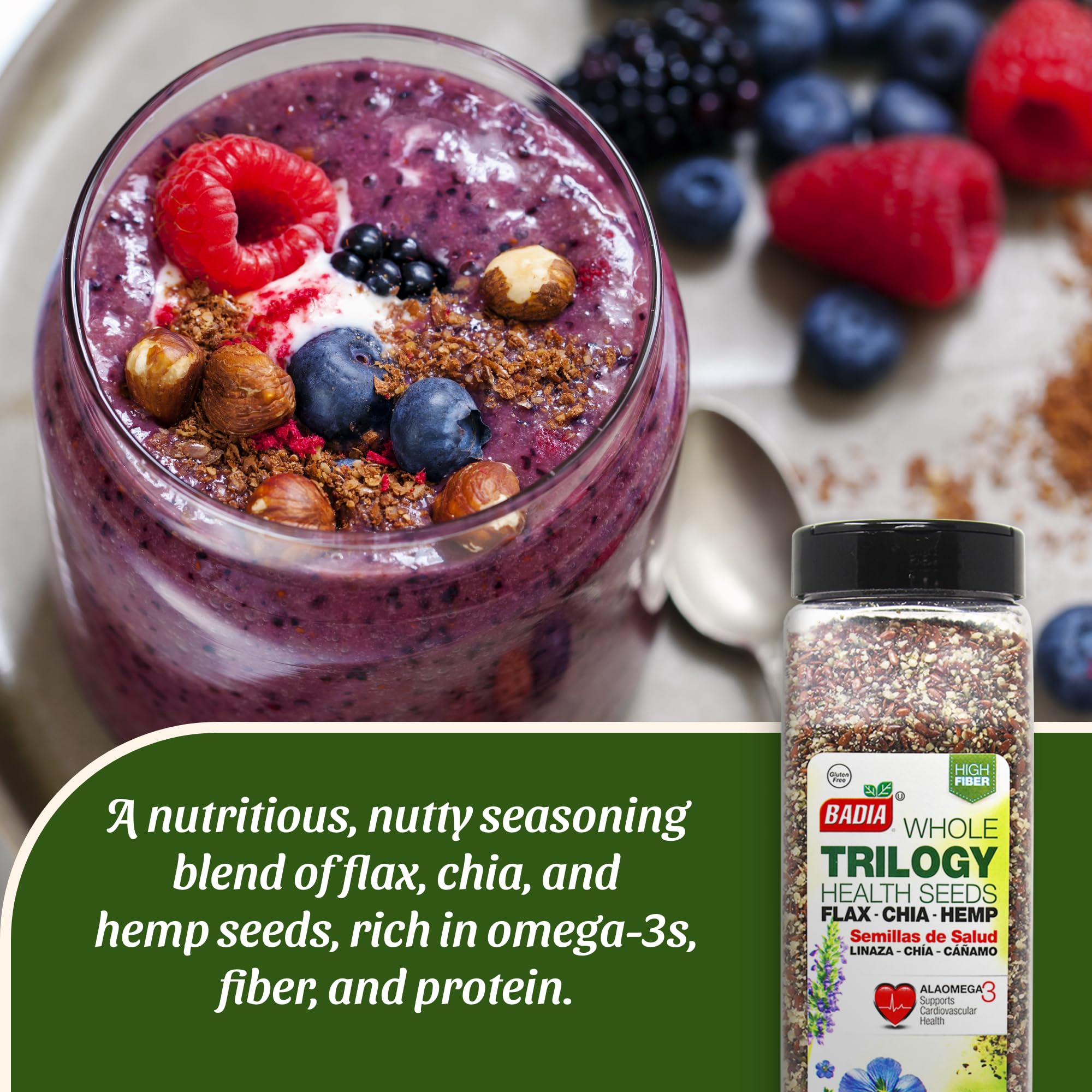 Badia flax chia hemp seeds pour, versatile smoothie ingredient