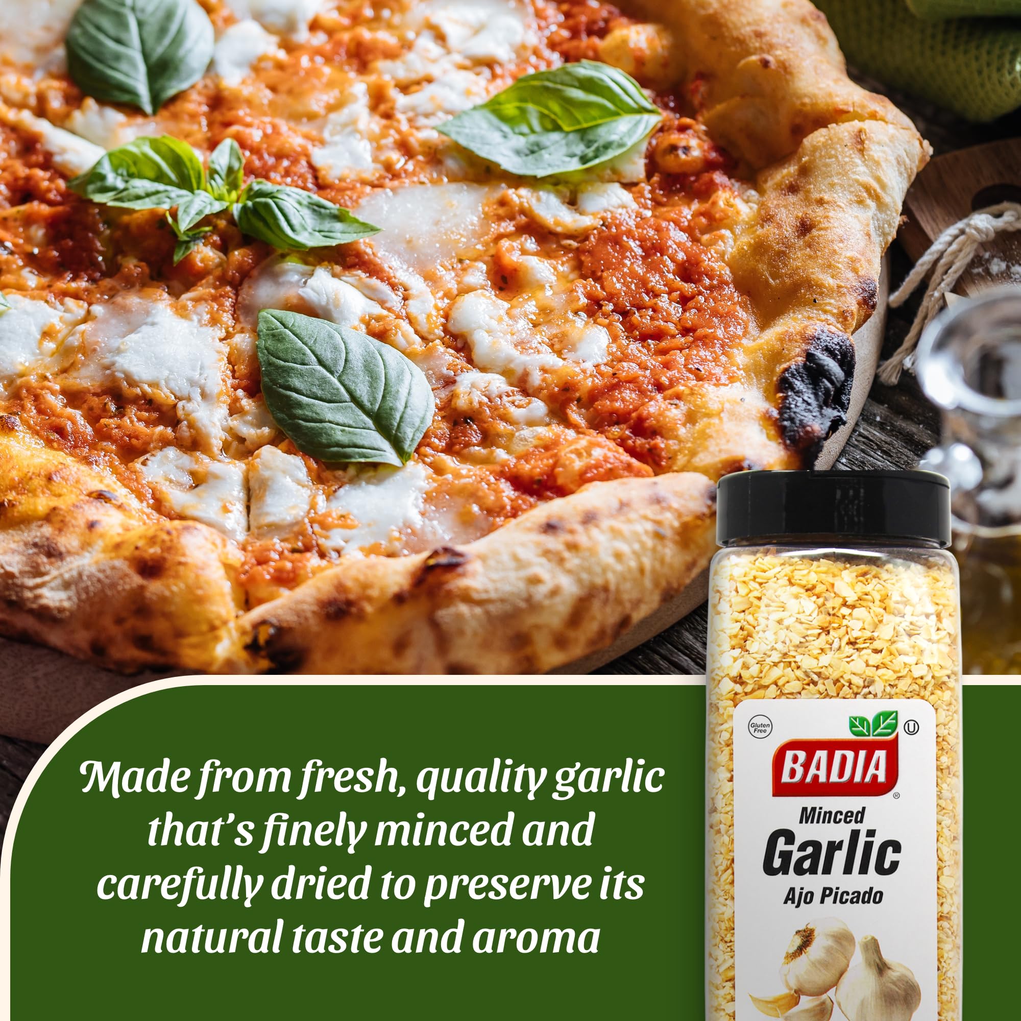 Badia Garlic Minced closeup-texture emphasizes finely dried, aroma-rich garlic