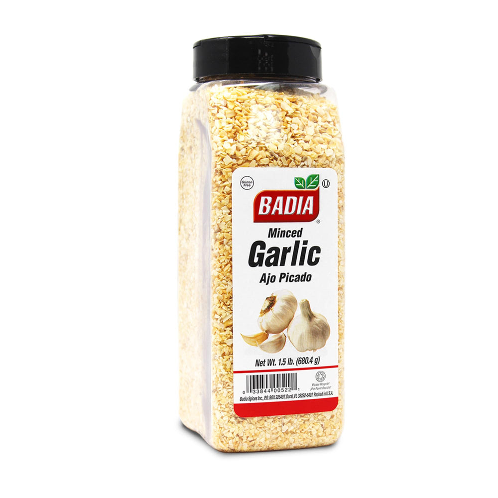 Badia Garlic Minced jar-front highlights all-natural seasoning for quick, flavorful meals