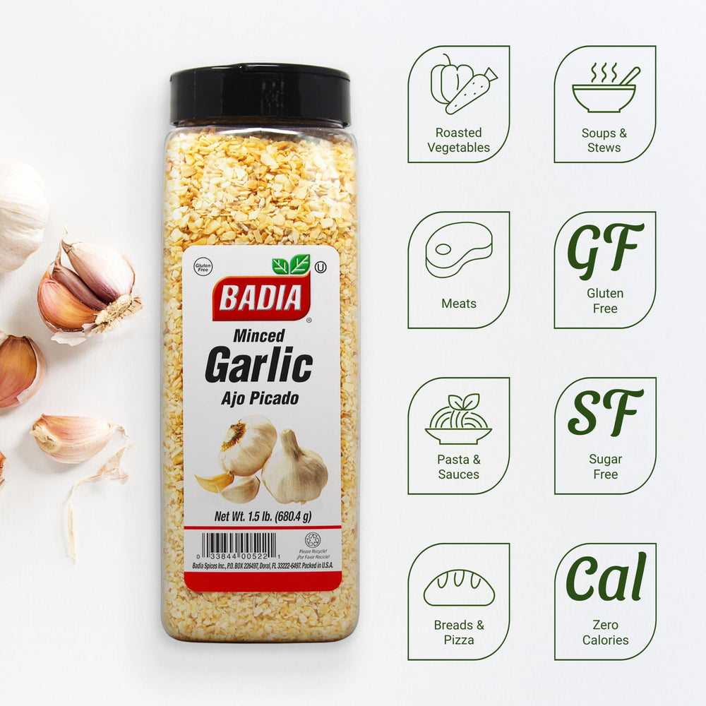 Badia Garlic Minced pour-spoon shows easy-to-use seasoning for soups and sauces