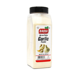 Badia Garlic Powder bottle front view for easy kitchen access.