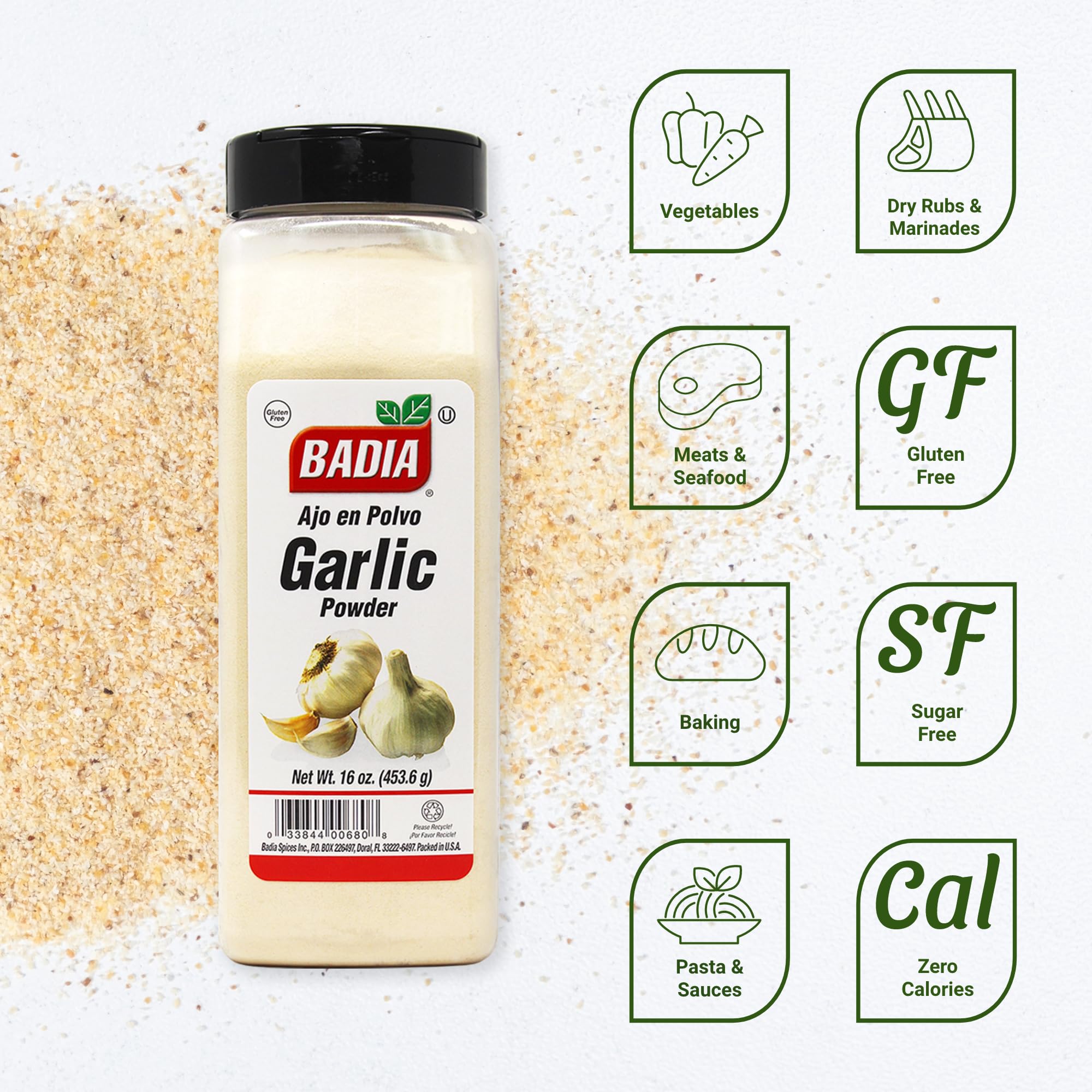 Close up of Badia Garlic Powder being dusted onto a pan.