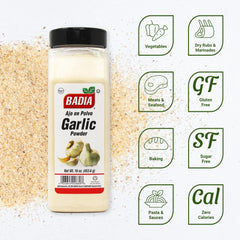 Close up of Badia Garlic Powder being dusted onto a pan.