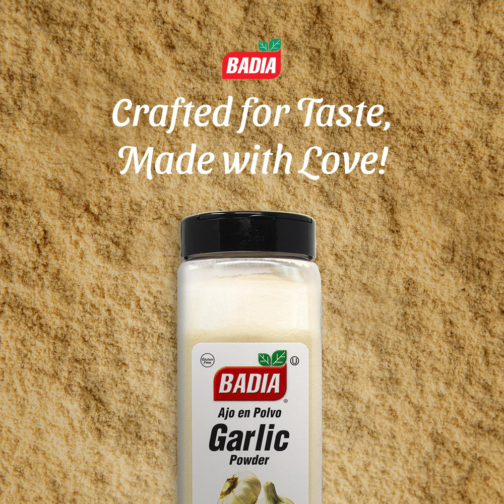 Pantry storage scene with Badia Garlic Powder canister within reach.