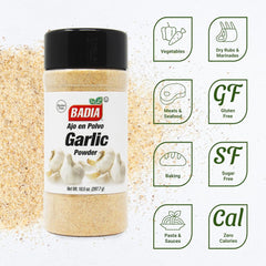 Badia garlic powder scoop in use emphasizes quick flavor boosts