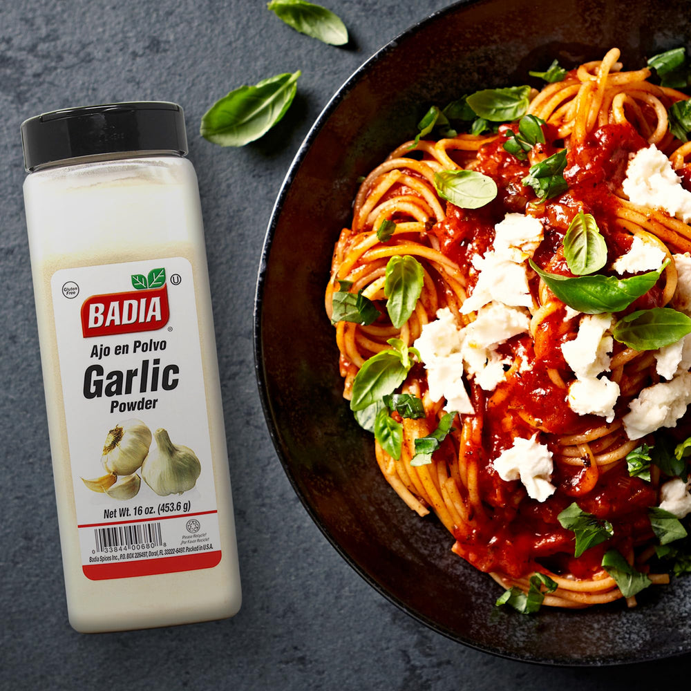Badia Garlic Powder seasoning bowl ready for sauces or blends.